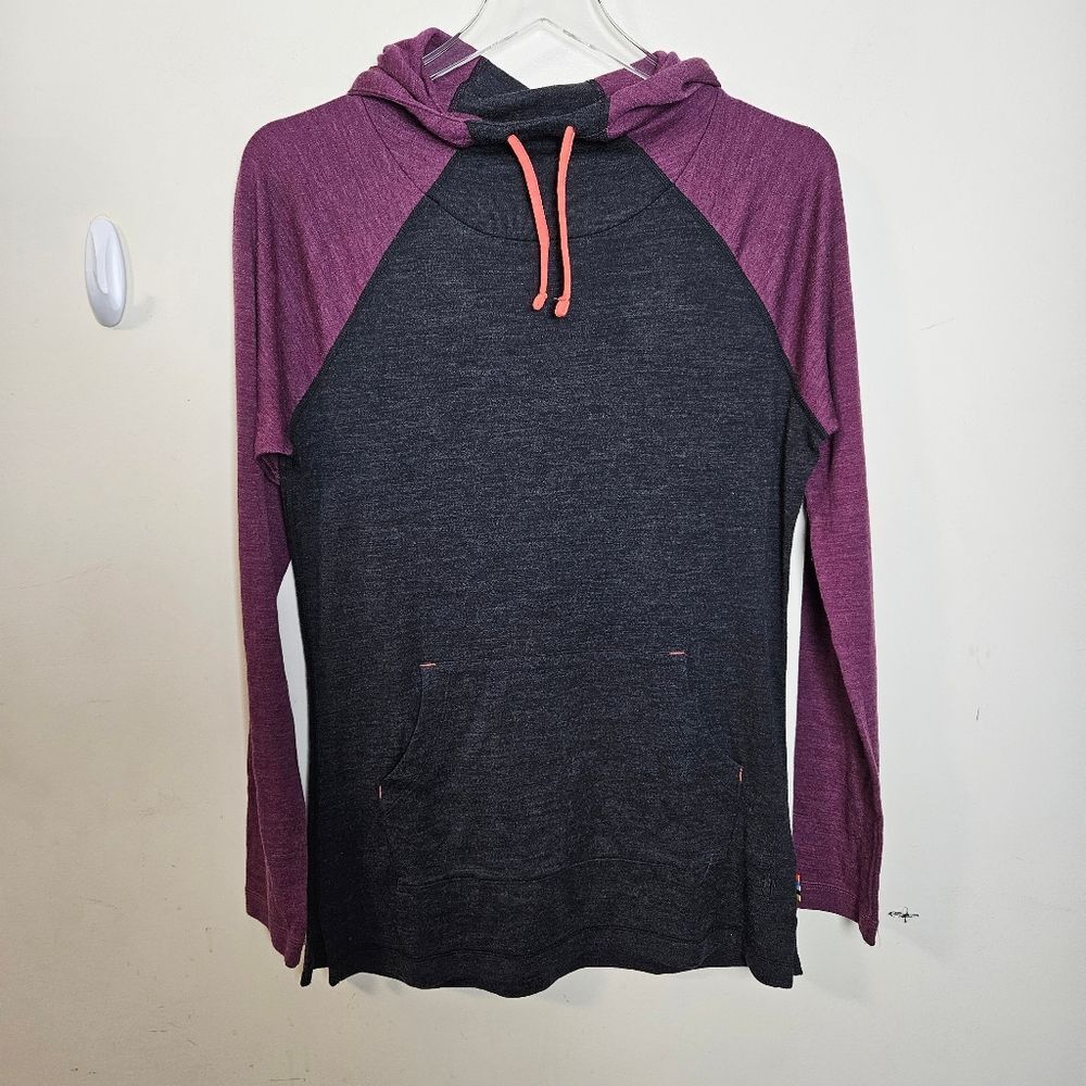 Smartwool Women's Two-Tone Hoodie Sweater - Charcoal & Plum with Coral Drawcords